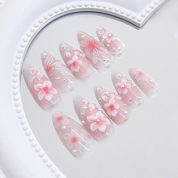 3D Flower Press on Nails Medium Almond Fake Nails with Pink Blossom Designs Handmade False Nails Glossy Full Cover Acrylic Nail Tips Peal Floral Butterfly Glue on Nail for Women 24Pcs