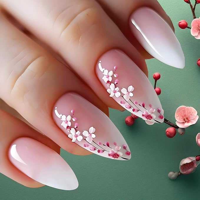 Plum Blossom Press on Nails 24Pcs Flower Acrylic Full Cover Fake Nails Peach Blossoms Gel Glue on Fingernail Glossy Pink Gradient Medium Almond False Nail Summer Stick on Nail for Holiday Manicure Art