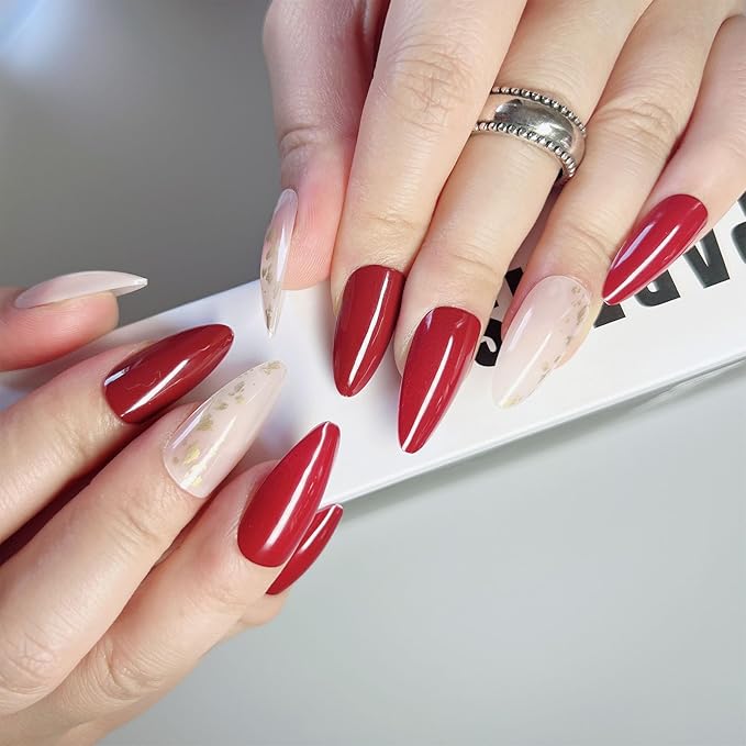Red Press on Nails Short Almond Fake Nails Wine Red Full Cover Glue on Nails White with Gold Foil Design Acrylic Nails Glossy Stick on Nails for Women 24 Pcs