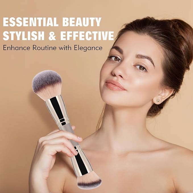 Dual-Ended Foundation Brush: Round & Angled Pro-Grade makeup brushes, 100% Vegan Synthetic Makeup Brush for Flawless Blending and Application of Liquid, Powder, Cream, Blush (Big Dual-Ended)