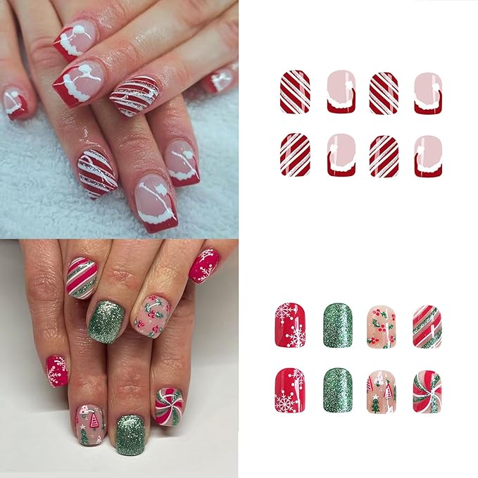 2 Packs 48Pcs Christmas Press on Nails Short Square Fake Christmas Hat Acrylic Candy Stripe Glitter Designs Glue on Kid Winter Xmas Stick on for Women Girls Decoration