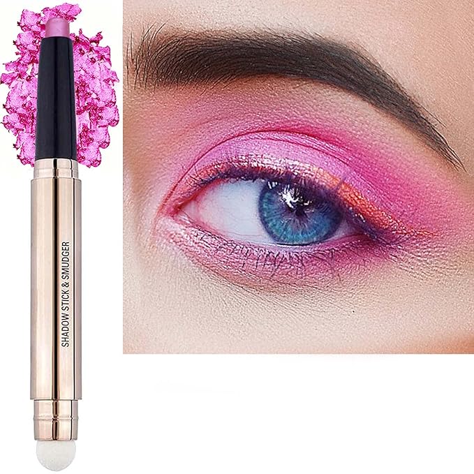 2 in 1 Pink Eyeshadow Stick, Cream Smooth Shimmer Hot Pink Eyeshadow Pencil, Hypoallergenic Waterproof Long Lasting Multi-Dimensional Eye Shadow Highlighter Stick Makeup Eyeliner Pen