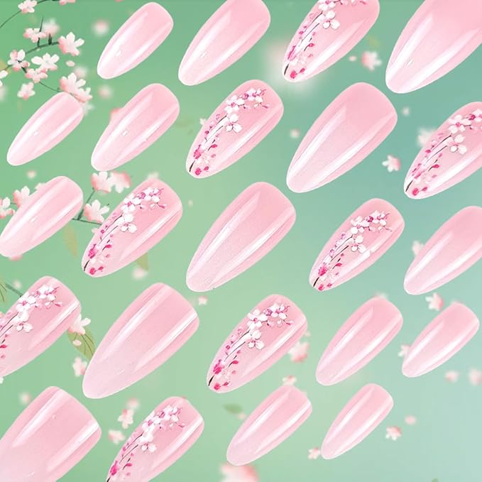 Plum Blossom Press on Nails 24Pcs Flower Acrylic Full Cover Fake Nails Peach Blossoms Gel Glue on Fingernail Glossy Pink Gradient Medium Almond False Nail Summer Stick on Nail for Holiday Manicure Art