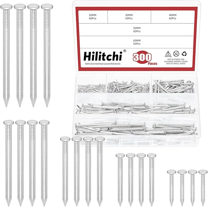 Hilitchi 301PCS 5 Sizes Brick Steel Nails Assortment Kit 0.78" 1.2" 1.58" 2" 2.36" Galvanized Concrete Wall Nail Cement Nails for Concrete Brick Drywall(White)
