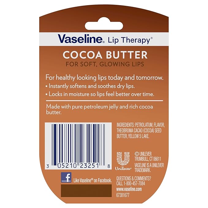 Vaseline Lip Therapy Cocoa Butter 4-Pack – Mini Lip Balms for Soft, Glowing Lips, 0.25 Oz Ea