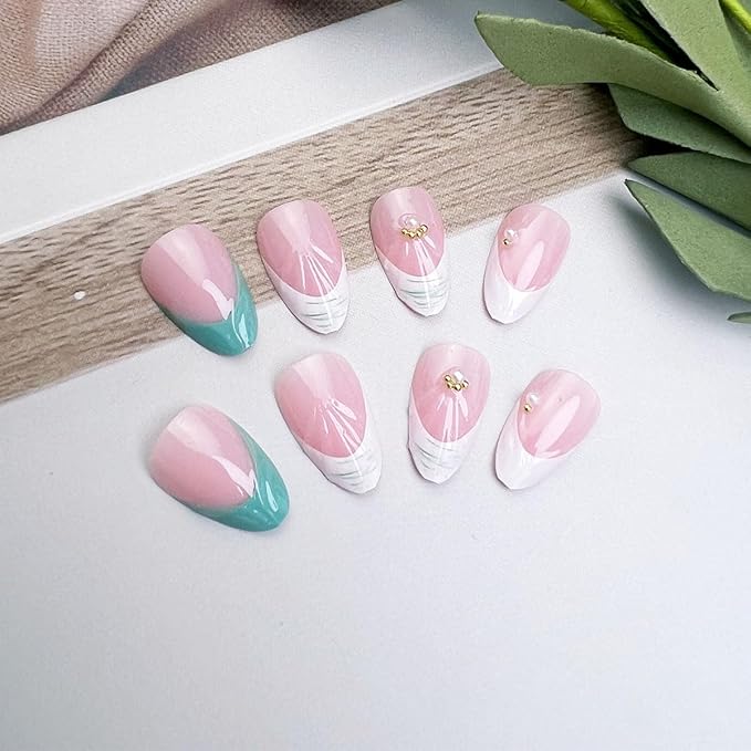 Summer Press on Nails Short Almond Fake Nails French Tips False Nails 3D Floral Ripple Nude Blue with Rhinestones Design Glossy Stick on Nail for Women Decoration Nail Art Accessories