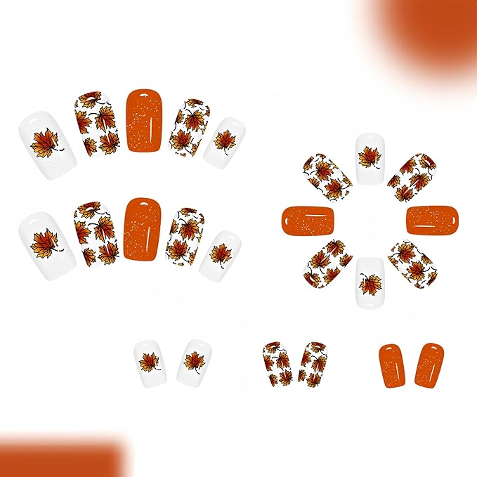 24Pcs Fall Press on Nails Medium Square Fake Nails with Maple Leaf Glitter Designs Orange Acrylic Nails Glossy Autumn Stick on Nails Glue on Nails Thanksgiving Nail Press ons for Women Manicure