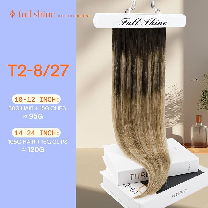 Full Shine Hair Extensions Clip ins Brown Balayage 12 Inch Dark Brown Ombre Light Brown Highlights Caramel Blonde Clip in Real Hair Extensions for Short Thin Hair 95 G 7 Pcs