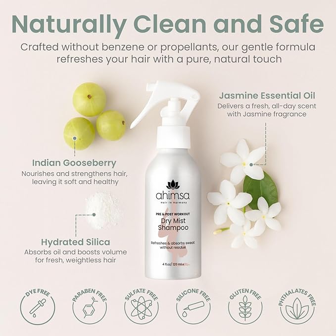 Ahimsa Dry Shampoo Mist Spray 120ml - Non-Aerosol Post-Workout Dry Shampoo Spray for Women Natural No White Residue, Volumizing Refreshing Hair Care, Effectively Absorbs Oil and Sweat, Jasmine Aroma