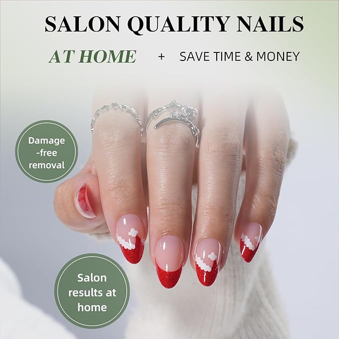 Christmas Press On Nails - Candycap Short Almond Fake Nails, Red French Tip Press On Nails Reusable Stick On Nails in 16 Sizes, 32pcs False Nail Kit for Women & Girls