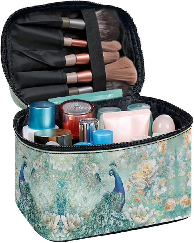 Peacock Butterfly Peony Flower Print Travel Makeup Bags for Women Portable Tote Cosmetic Case with Carry Handle Toiletry Accessories Storage Organizer Bags