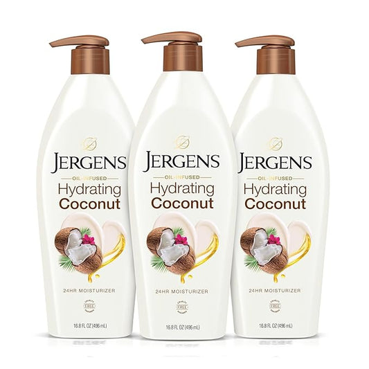 Jergens Hydrating Coconut Body Lotion, Hand and Body Moisturizer, Infused with Coconut Oil, Hydrates Dry Skin Instantly, Dermatologist Tested, 16.8 oz, Pack of 3