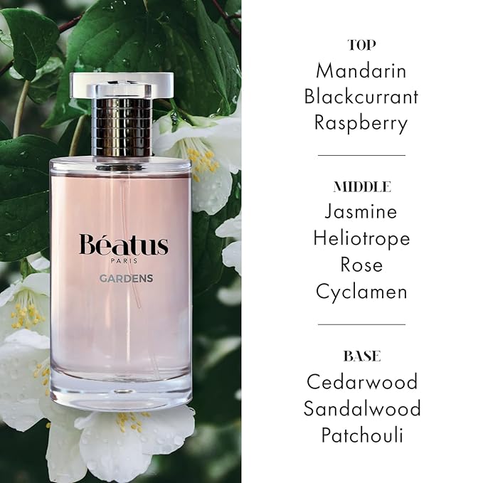 Beatus Paris Gardens - Luxury Perfume for Women - Eau de Parfum - Long-Lasting Fragrance with Notes of Spicy Rose, Jasmine, Sandalwood & Patchouli Scent - All Day Wear - Travel Size EDP Spray - 3.4 oz