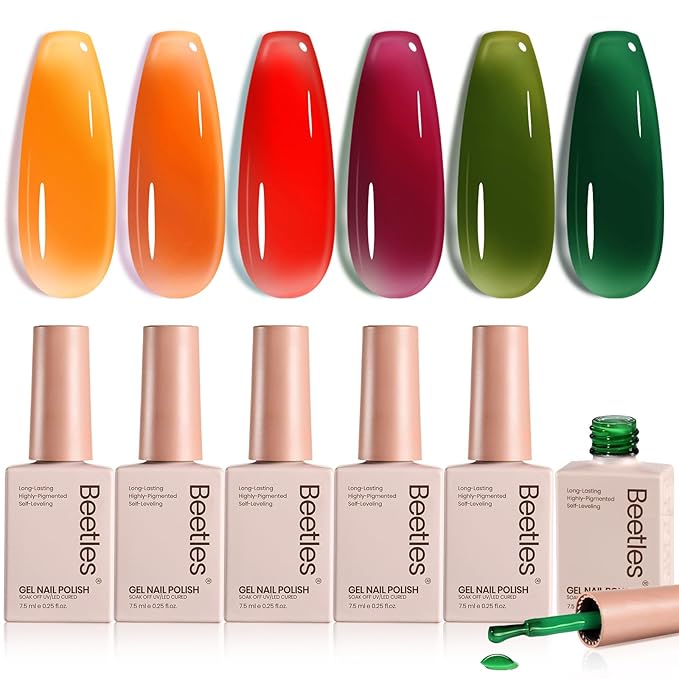 Beetles Jelly Gel Nail Polish Set - 6 Colors Yellow Orange Burgundy Red Purple Green Fall Gel Polish Kit Sheer Translucent Effect Soak off UV Nail Art Autumn Prism Series Manicure Gift for Women