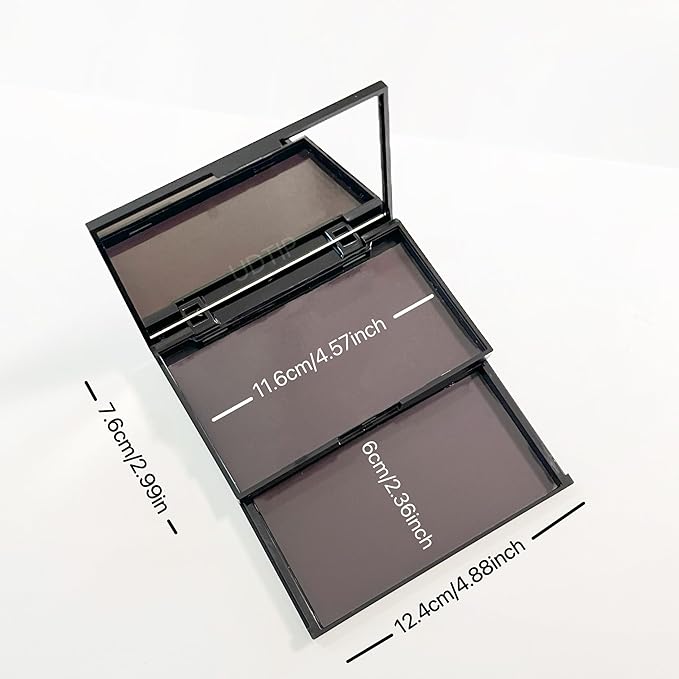 2-layer empty magnetic makeup palette with mirror, includes 20 adhesive metal sticker for storing eyeshadow or cosmetics. Compact and portable design measuring 4.88 x 2.99 inches, Black