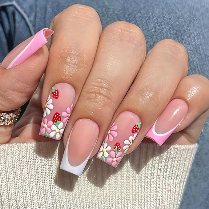 24Pcs Flower Press on Nails Medium Square French Tip Fake Nails with Colour 3D Flower Design Glossy Stick on Nails Full Cover Artificial Glue on Nails Spring Nail Supplies for Women Reusable Nails Kit