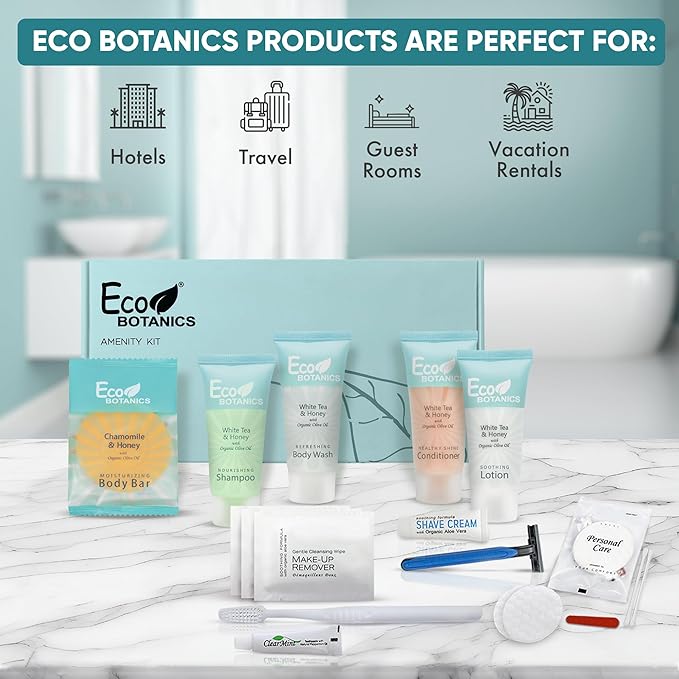 Eco Botanics Amenity & Accessory Kit | 0.85 oz Travel Size Shampoo, Conditioner, Lotion, Body Wash, Body Bar, Cleansing Bar, Shave & Dental Sets, Make-Up Remover Wipes, & Vanity Kit | 1 set per case