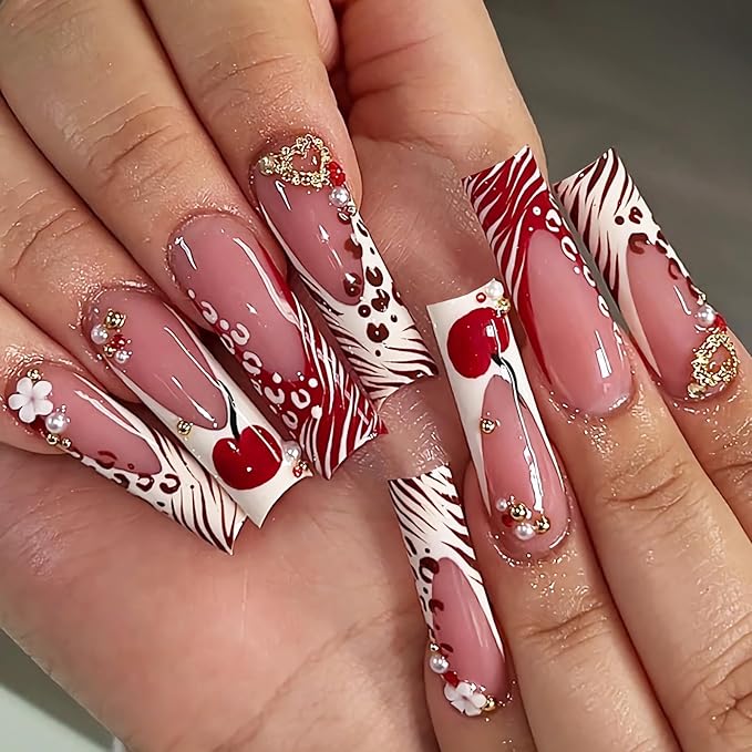 BABALAL Acrylic Press on Nails - Long Square Fake Nails, Red White French Tip Glue on, Cheetah Print with Gold Heart Charm Y2k False Nails Art 24Pcs DIY Squoval Manicure Stick on Nails Supplies