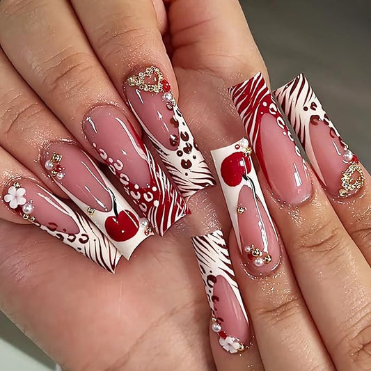 BABALAL Acrylic Press on Nails - Long Square Fake Nails, Red White French Tip Glue on, Cheetah Print with Gold Heart Charm Y2k False Nails Art 24Pcs DIY Squoval Manicure Stick on Nails Supplies