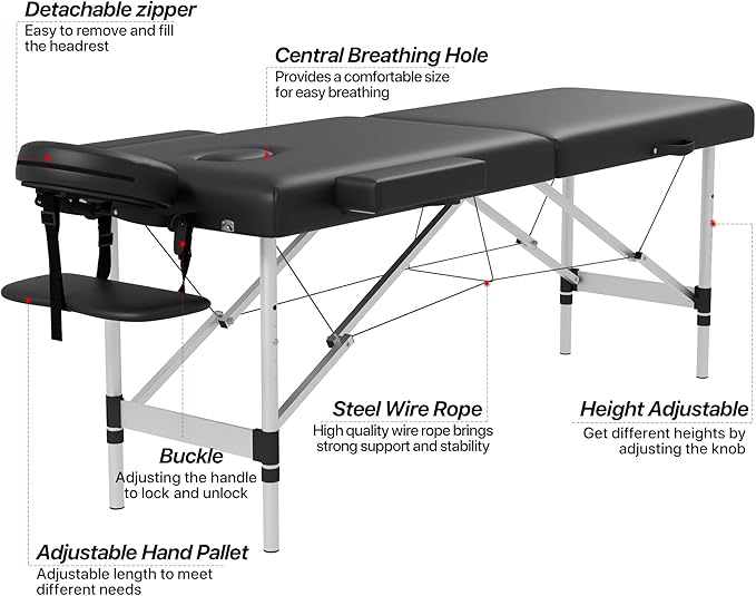 Massage Table Massage Bed, Portable 2 Section Foldable Tattoo Bed, Height Adjustable Lash Spa Bed with Face Cradle, Home Light Weight Facial Salon Bed with Aluminum Frame, Black