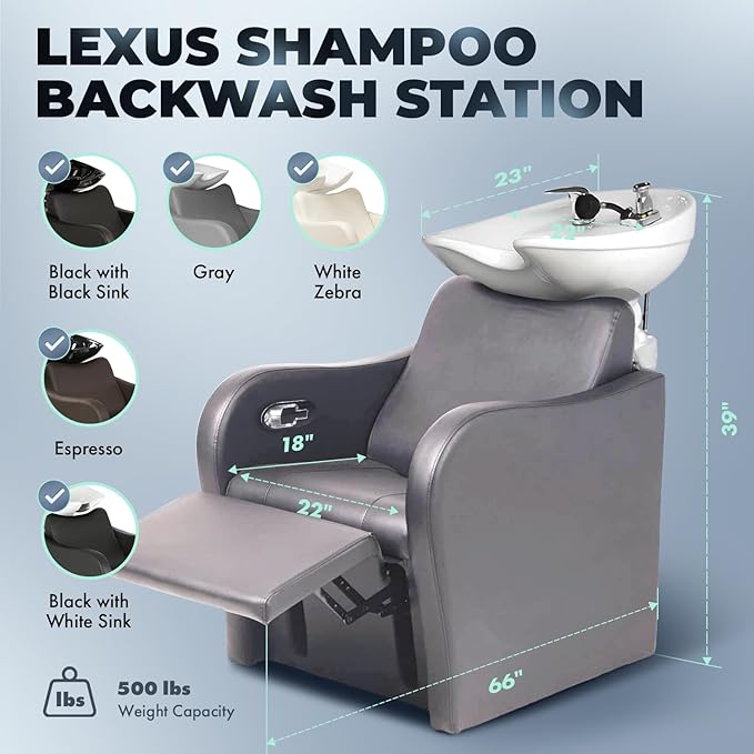 Buy-Rite Lexus Backwash Unit - Professional Salon Shampoo Chair with Extra-Wide Seat, Kick-Out Leg Rest, Tilting Porcelain Bowl, Single-Handle Faucet & Neck Rest, European Style Gray TS-8018B