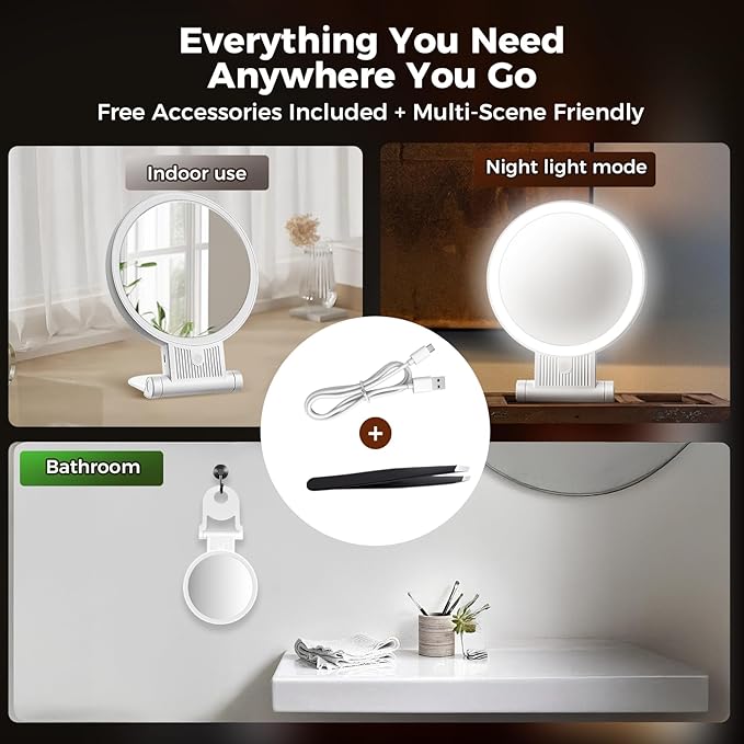 1X/30X Lighted Makeup Mirror with Magnification, Double-Sided Switch, 3-Color Lights, 2000mAh Rechargeable, Adjustable Brightness, Makeup Mirror with Lights for Vanity Table or Bathroom