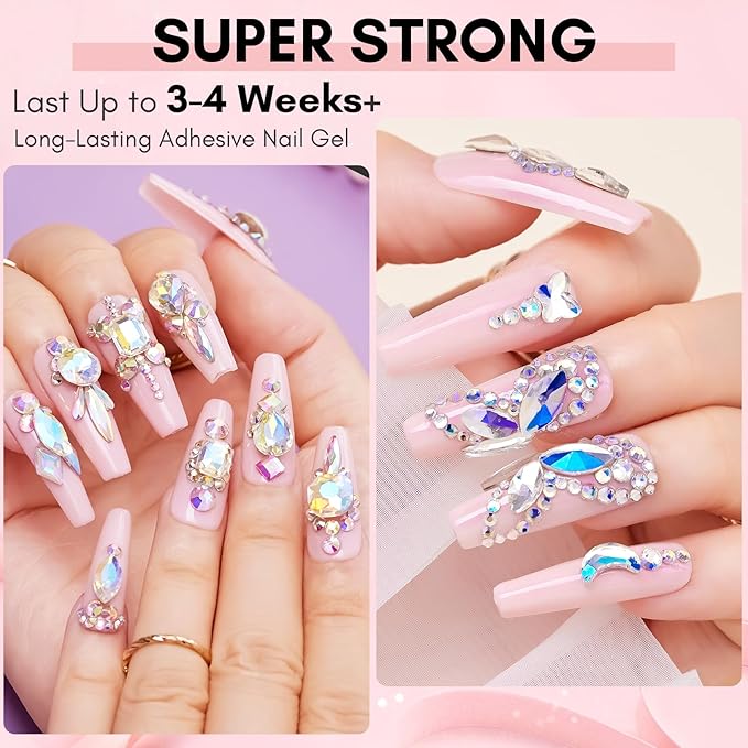 Makartt Nail Rhinestone Glue for Nails- 60ML Super Strong Gel Glue for Rhinestones, 3D Art Charm Decorations Bling Gem Bow Jewels Crystals Beads Diamonds Pearls, Beauty Gift, UV Lamp Need