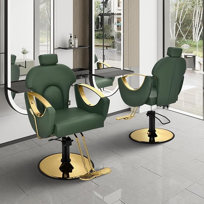 Salon Chair for Hair Stylist, 360° Swivel Reclining Barber Hair Styling Chair, Height Adjustable Spa Beauty Equipment for Home Barbershop, Green Gold