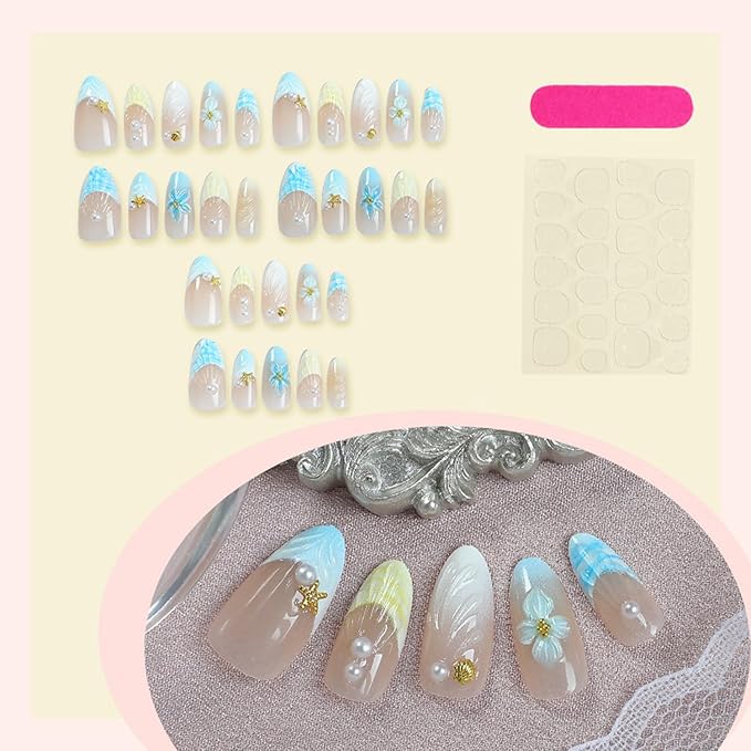 Summer Flower Press on Nails Medium Fake Nails with 3D Flower Ocean Starfish Shell Pearl Almond False Nail Blue French Glossy Acrylic Nails Cute Artificial Nail for Women Manicure 30Pcs