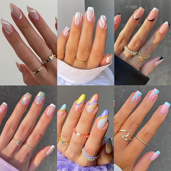 6 Packs (144 Pcs) Flower French Tip Press on Nails - Medium, Square, Swirl, Almond Sizes - 24 Fake Nails Kit, Stick on Nails for Women