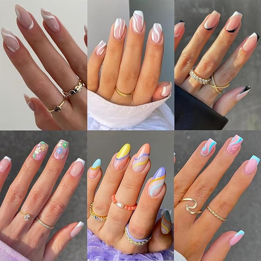 6 Packs (144 Pcs) Flower French Tip Press on Nails - Medium, Square, Swirl, Almond Sizes - 24 Fake Nails Kit, Stick on Nails for Women