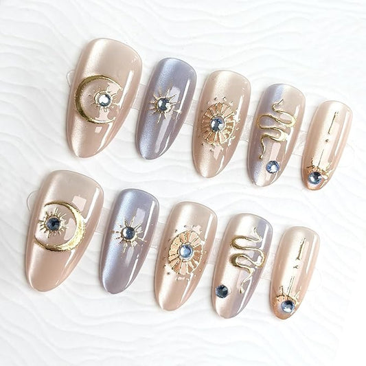 Almond Press on Nails Medium Nude Fake Nails 3D Gold Nails Design Star Moon Rhinestones False Nails Glossy Glue on Nails Artificial Full Cover Stick on Nails for Women Girls Acrylic Manicure 30Pcs