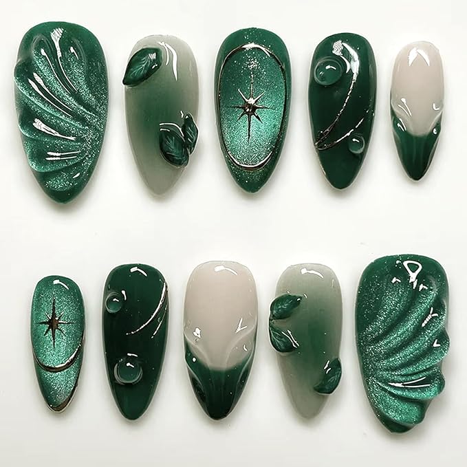 24Pcs Green Press on Nails Medium Almond Fake Nails with 3D Green Ripple Design Handmade Press on French Nails Tips Leaves Pattern Full Cover Glossy Y2k Reusable DIY Nails for Women Nail