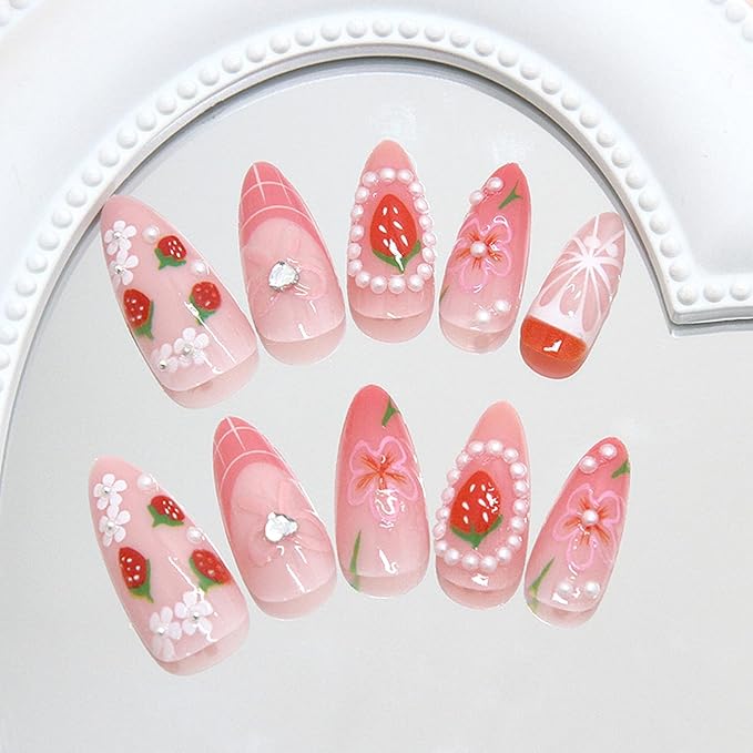 24pcs Pearl Strawberry Press on Nails Medium Fake Nails with Flower Bow Pink Almond False Nail Lemon Press on with Jelly Glue Manicure French Nails Cute Stick on Nail Acrylic Fingernails for Women