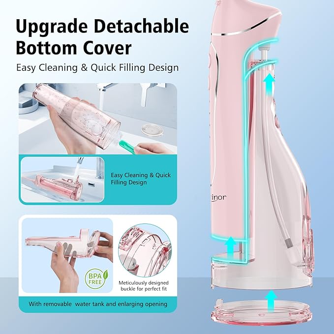Leominor Water Flosser Pick for Teeth, 300ML Portable Oral Irrigator Upgraded Tank Removable,IPX7 Waterproof, Rechargeable Travel Teeth Cleaner, Professional Electric Flossing Machine (Pink)