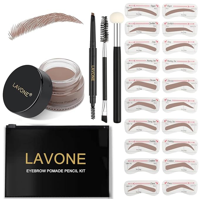 LAVONE Eyebrow Stamp Stencil Kit - Brow Stamp Trio with Waterproof Pencil, Pomade, 20 Stencils, Dual-ended Brush and Sponge Applicator - Ash Blonde