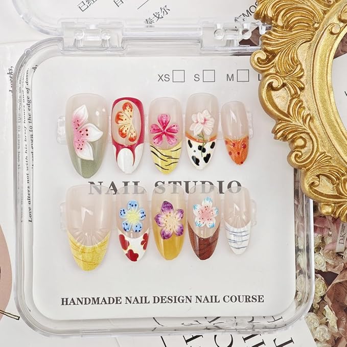 30Pcs Summer Press on Nails Medium Almond Flower Fake Nails 3D Colorful Flowers Designs Full Cover Glue on Nails Reusable Artificial Nails French Tip False Nails for Women Girls Acrylic Manicure DIY