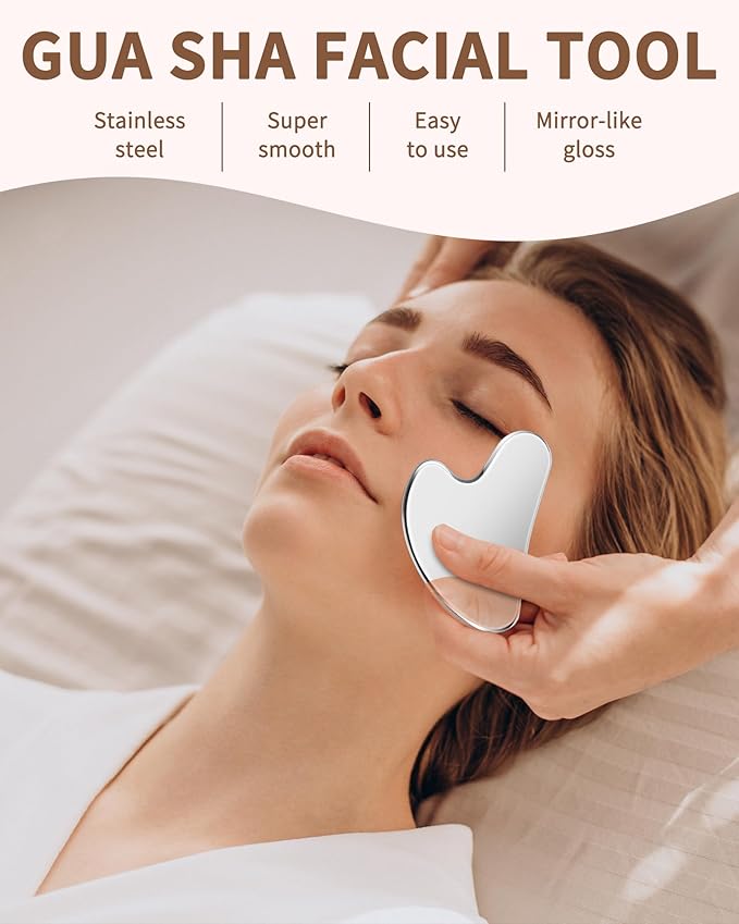 Stainless Steel Gua Sha Facial Tools, Tighten Skin Massage Guasha Beauty Tool, Metal Guasha Tool for Face, Face Massager Tool for Body Eyes Neck (Silver)
