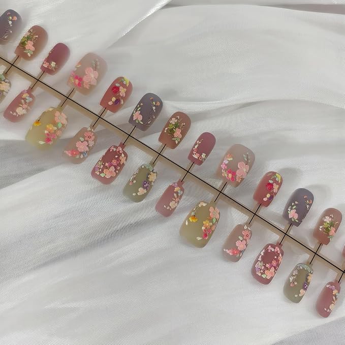 Fall Flower Press on Nails Short Fake Nails with 3D Floral Designs Matte Embossed Flowers False Nails Artificial Acrylic Nail Press ons Reusable Summer Stick on Nails for Women DIY Manicure,30pcs