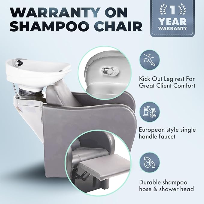 Buy-Rite Lexus Backwash Unit - Professional Salon Shampoo Chair with Extra-Wide Seat, Kick-Out Leg Rest, Tilting Porcelain Bowl, Single-Handle Faucet & Neck Rest, European Style Gray TS-8018B