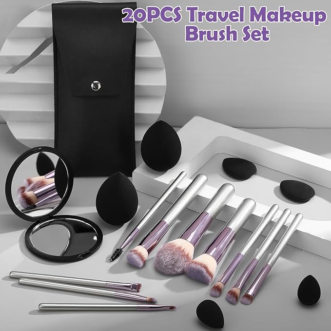 20PCS Makeup Brushes Set,10 Pcs Travel Makeup Brush with Mirror,Storage Bag and 8PCS Makeup Sponges for Home,Travel, Party