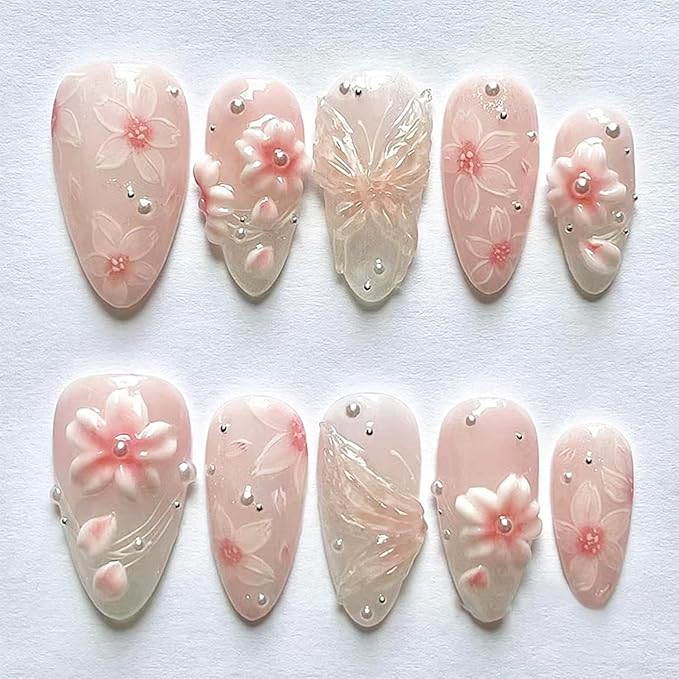 24pcs Pink Flower Press on Nails Medium Almond Fake Nails with 3D Butterfly Pearl Designs Cute Floral False Nails Kit Flowers Acrylic Nail Tips Full Cover Stick on Nails for Women Nail Art Decoration