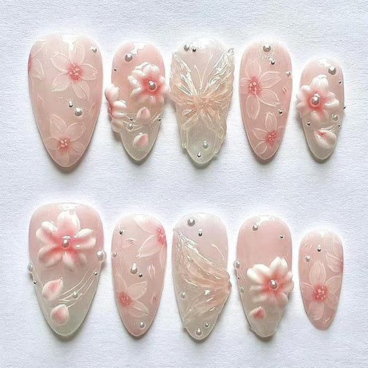 24pcs Pink Flower Press on Nails Medium Almond Fake Nails with 3D Butterfly Pearl Designs Cute Floral False Nails Kit Flowers Acrylic Nail Tips Full Cover Stick on Nails for Women Nail Art Decoration