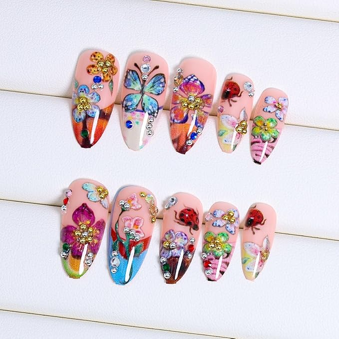 Flower Press on Nails Medium French Tip Fake Nails with 3D Colorful Butterfly Ladybug Floral Design Summer False Nails Gold Rhinestones Artificial Acrylic Nails Almond Glue on Nails for Women 24Pcs