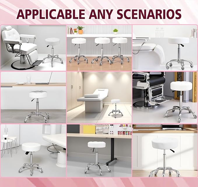Kaleurrier Adjustable Rolling Stool for Salon: Heavy Duty Swivel Chair with Wheels for Hairdresser Esthetician Dentist - Spa Home Office Kitchen Dental Tattoo Shop Use - Seat Height 22”-30” - White
