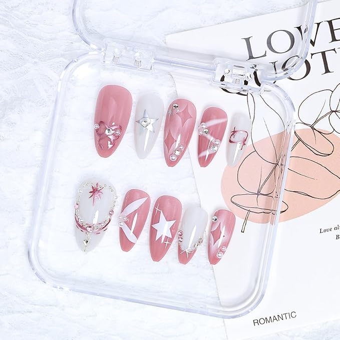 24Pcs Pink Almond Press on Nails Medium French Tip Fake Nails Silvery White Star Glue on Nails with 3D Pearl Rhinestones Full Cover Handmade False Nails Bow Acrylic Nails for Women Stick on Nails