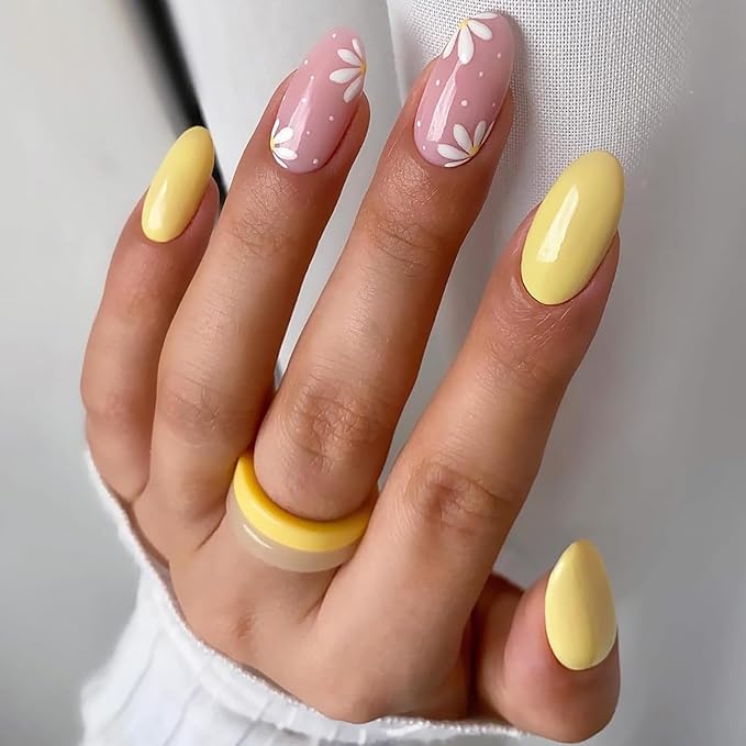 6 Packs (144 Pcs) Press on Nails, Jsiallye French Tip Press on Nails Almond Square with Pearl, Flower Swirl Press on Nails, Glue on Nails in 12 Sizes - 24 Fake Nails Kit, Stick on Nails for Women