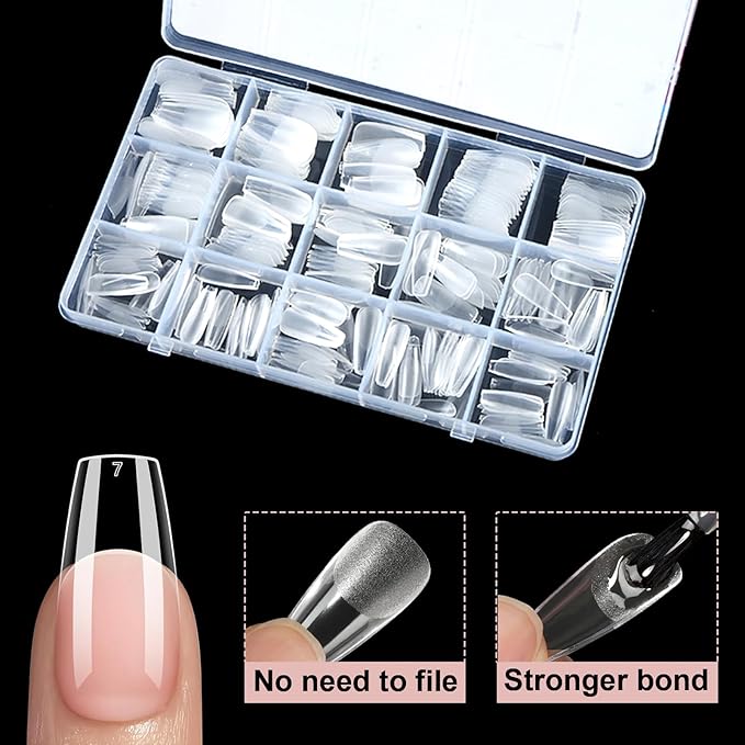 BlueZOO Gel Medium Coffin Etch X Nail Tips, 300Pcs 15 Sizes Acrylic Pre-Shaped Full Cover Clear False Nail Tip, Half Matte Press On Nails for Extension Nail Manicure Home DIY Salon Fake Nails with Box