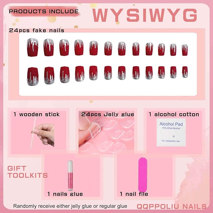 Square Press on Nail Medium Length Red Acrylic Nails with Design Glitter Fake Nails for Women and Girls 24pcs