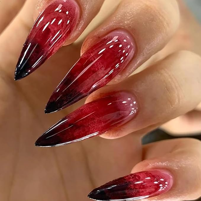 24Pcs Gothic Press on Nails Long Stiletto Fake Nails with Scary Bloody Designs Red Gradient French Tip Press Ons Halloween False Nails Glossy Full Cover Stick on Nails for Women Acrylic Manicure DIY